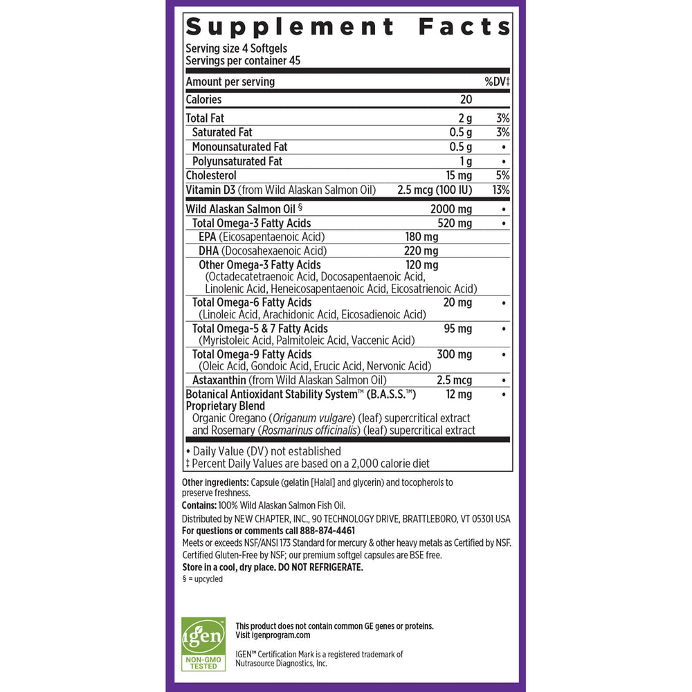New Chapter Wholemega four mini softgels per serving on a blister pack.
