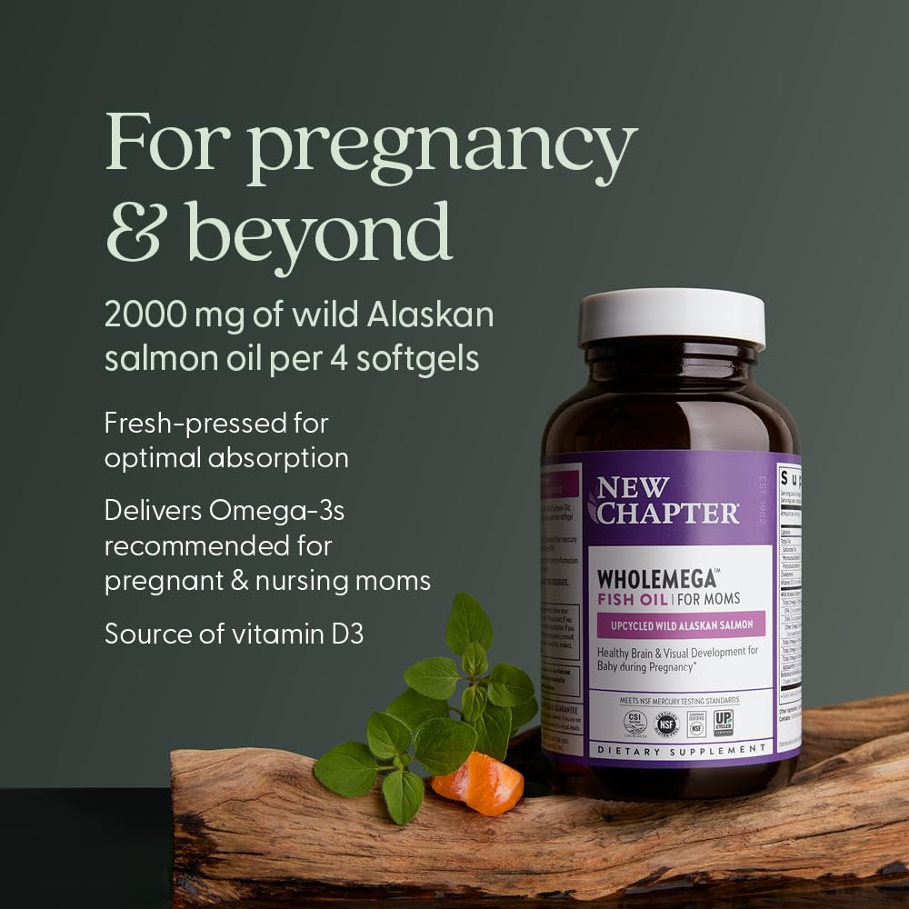 New Chapter Wholemega for Moms ingredients panel emphasizes DHA and astaxanthin.