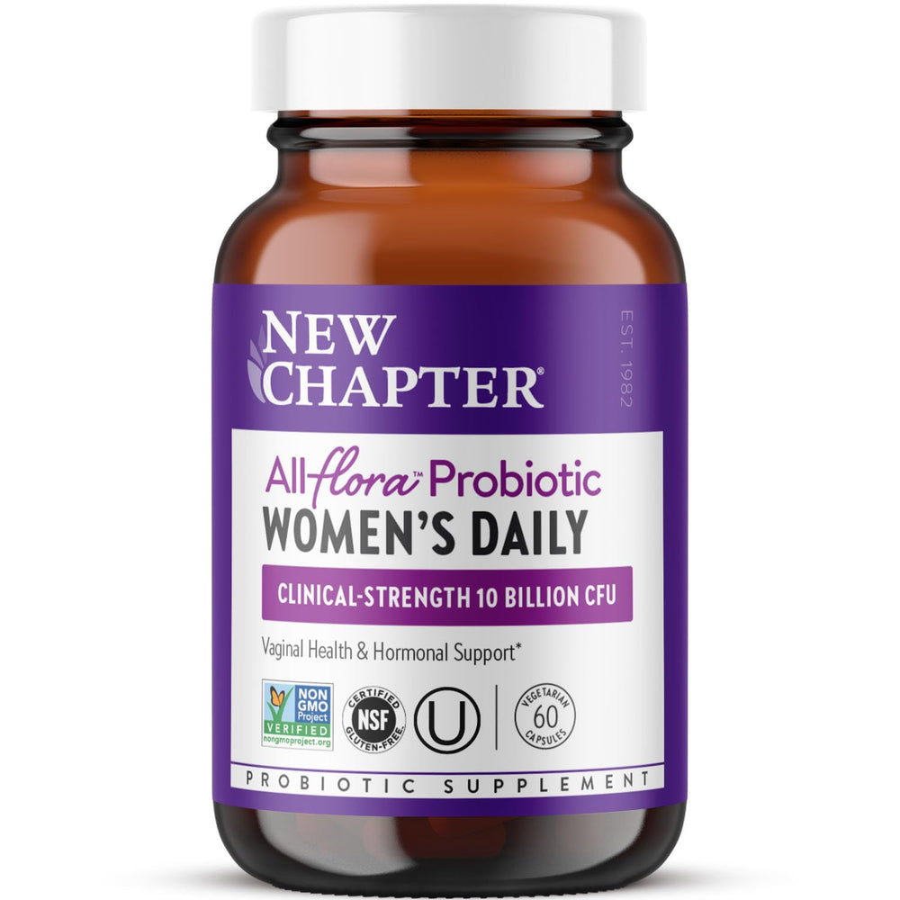 New Chapter Women’s Probiotic bottle visible for daily use and gut balance.