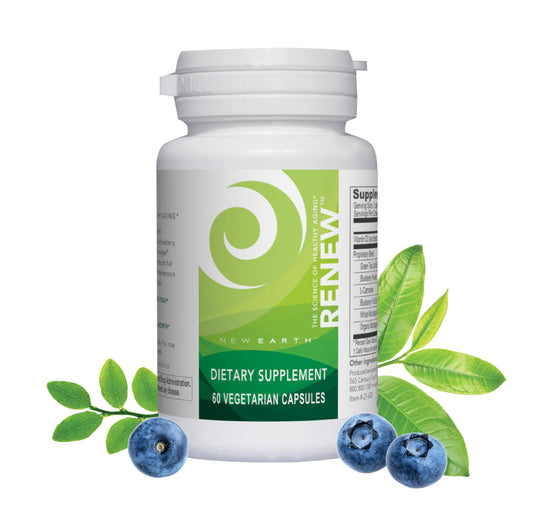 New Earth Renew bottle front view with compact capsules for daily stem cell support.