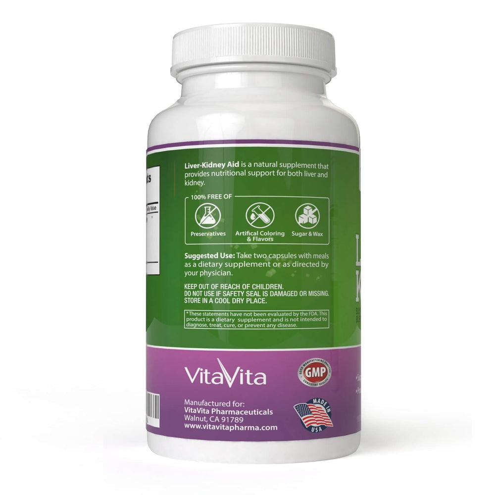 New Green Nutrition Liver Kidney Aid label design on bottle emphasizes quality.