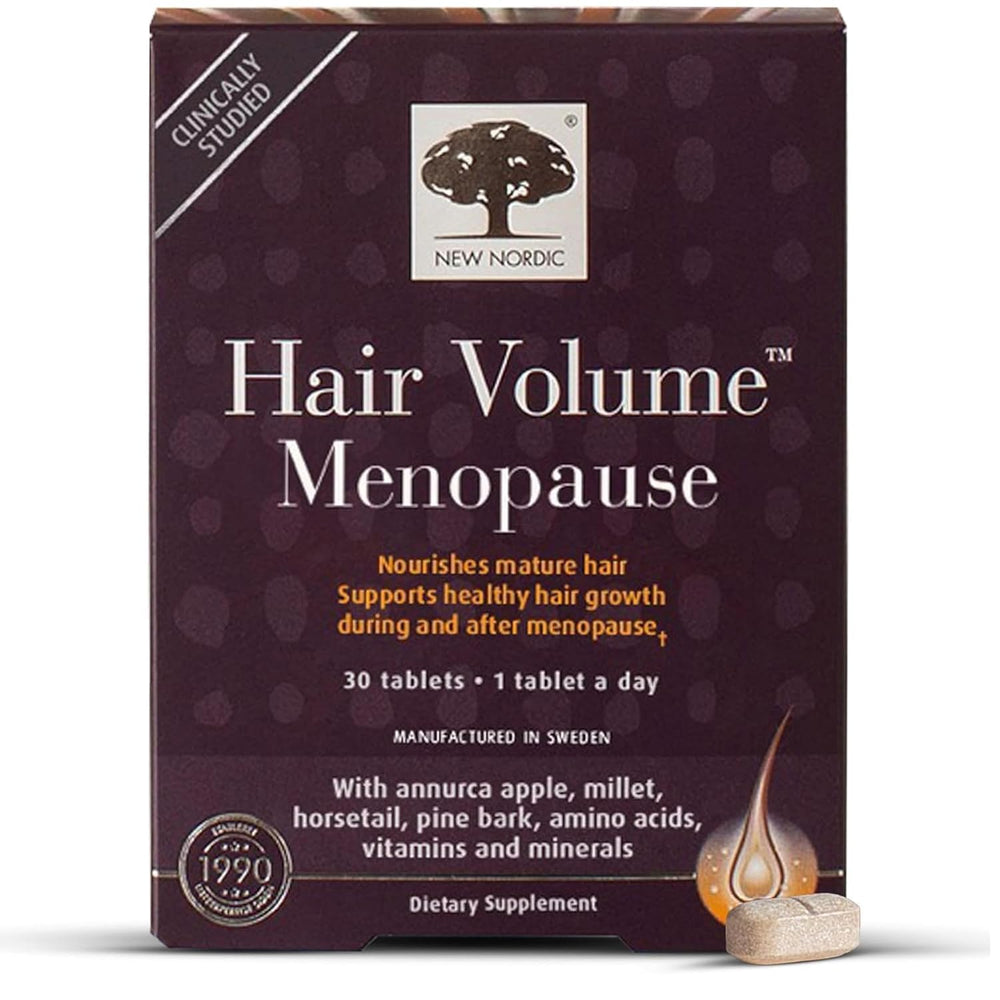 New Nordic Hair Volume menopause bottle front promotes daily hair support during menopause
