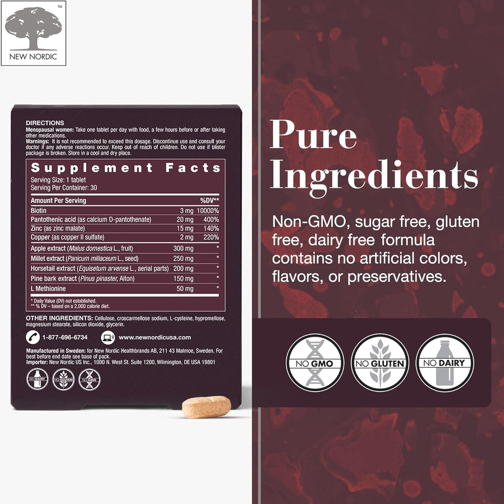 New Nordic Hair Volume menopause bottle label highlights pine bark and Annurca apple ingredients for hair cycle support