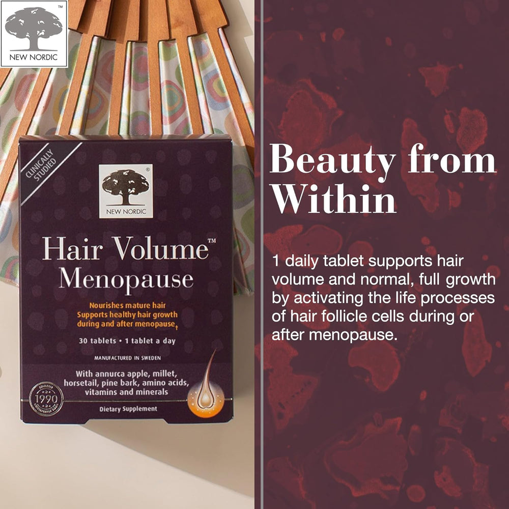 New Nordic Hair Volume menopause packaging box conveys vegan formula and clean ingredients for conscious users