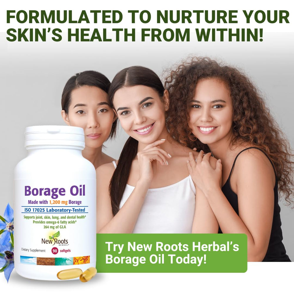 NEW ROOTS HERBAL borage oil daily-use dosing example in hand
