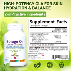 NEW ROOTS HERBAL borage oil ingredients panel highlighting 100% organic oil