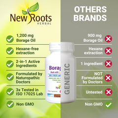 NEW ROOTS HERBAL borage oil softgel pour illustrating easy dosing