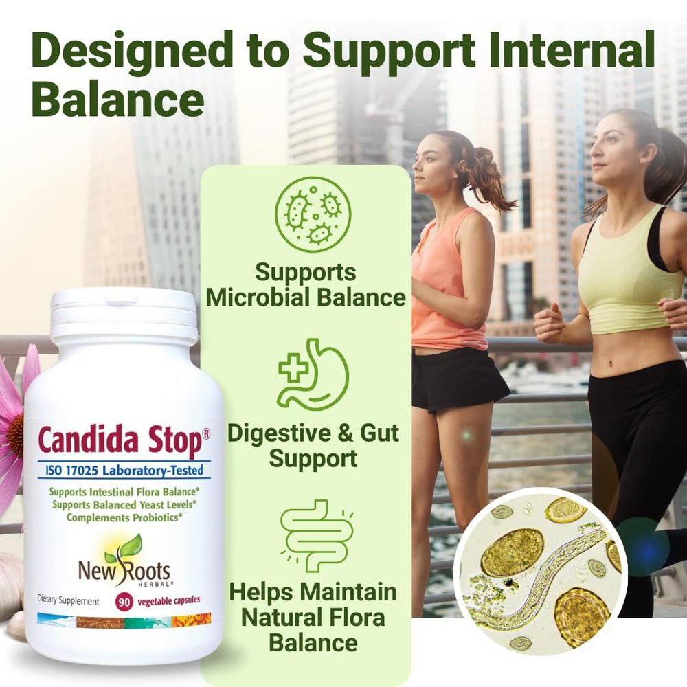 NEW ROOTS HERBAL Candida Stop capsules closeup highlights plant-based gut support in every dose.