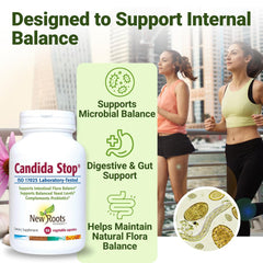 NEW ROOTS HERBAL Candida Stop capsules closeup highlights plant-based gut support in every dose.