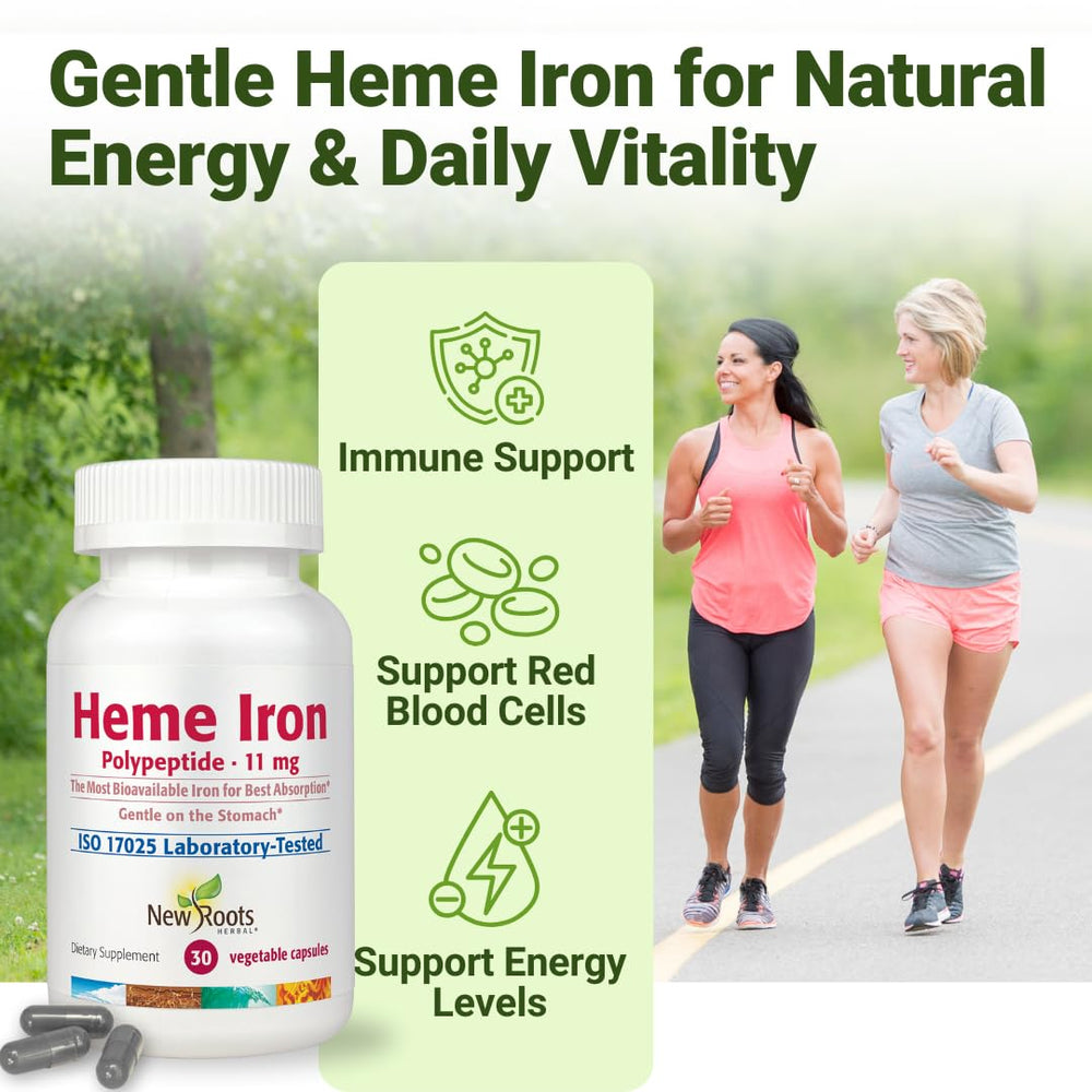 NEW ROOTS HERBAL heme iron capsules shown up close for gentle absorption