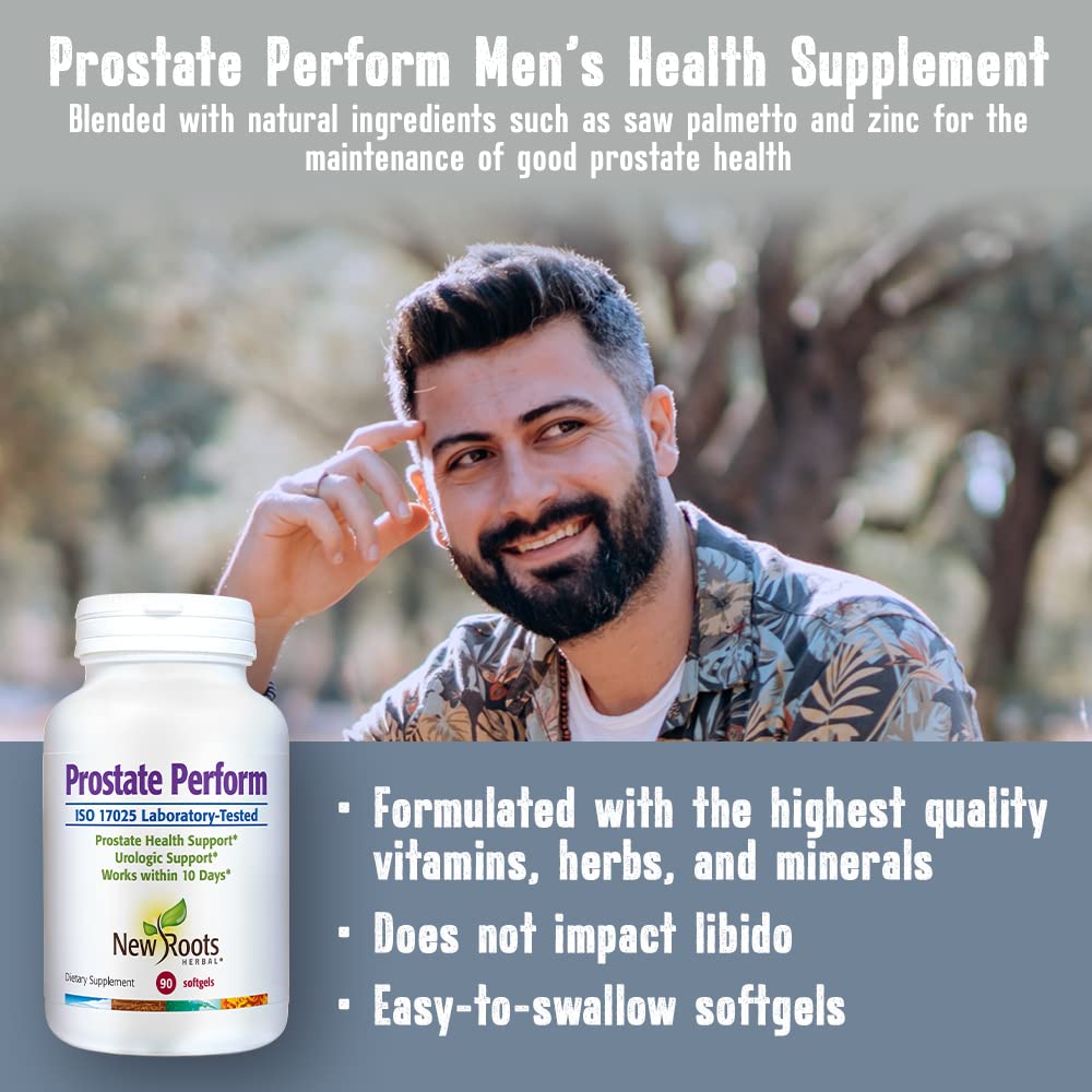 New Roots Herbal Prostate Perform ISO-lab testing badge on package.