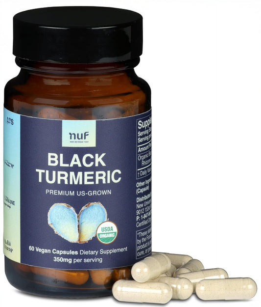 New Universe Food NU F organic black turmeric bottle front shows premium capsules for daily wellness