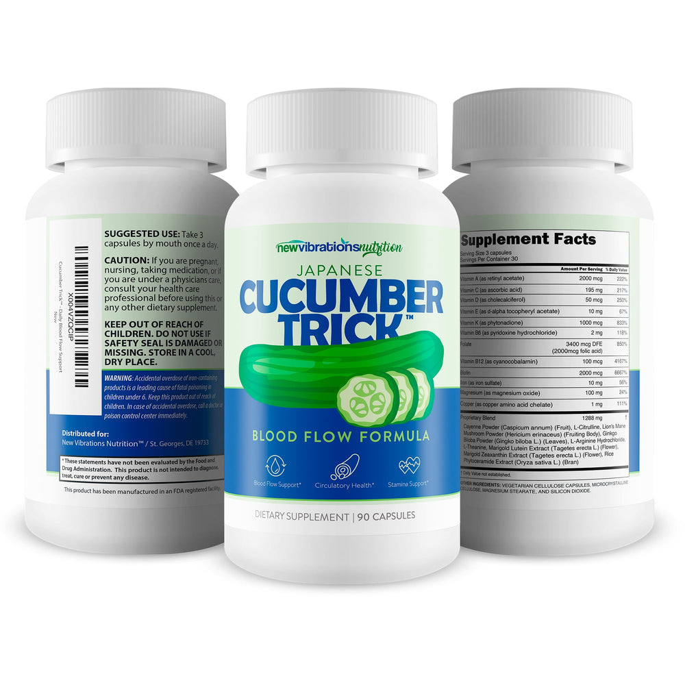 New Vibrations Nutrition Japanese Cucumber Trick packaging on shelf for circulatory support.
