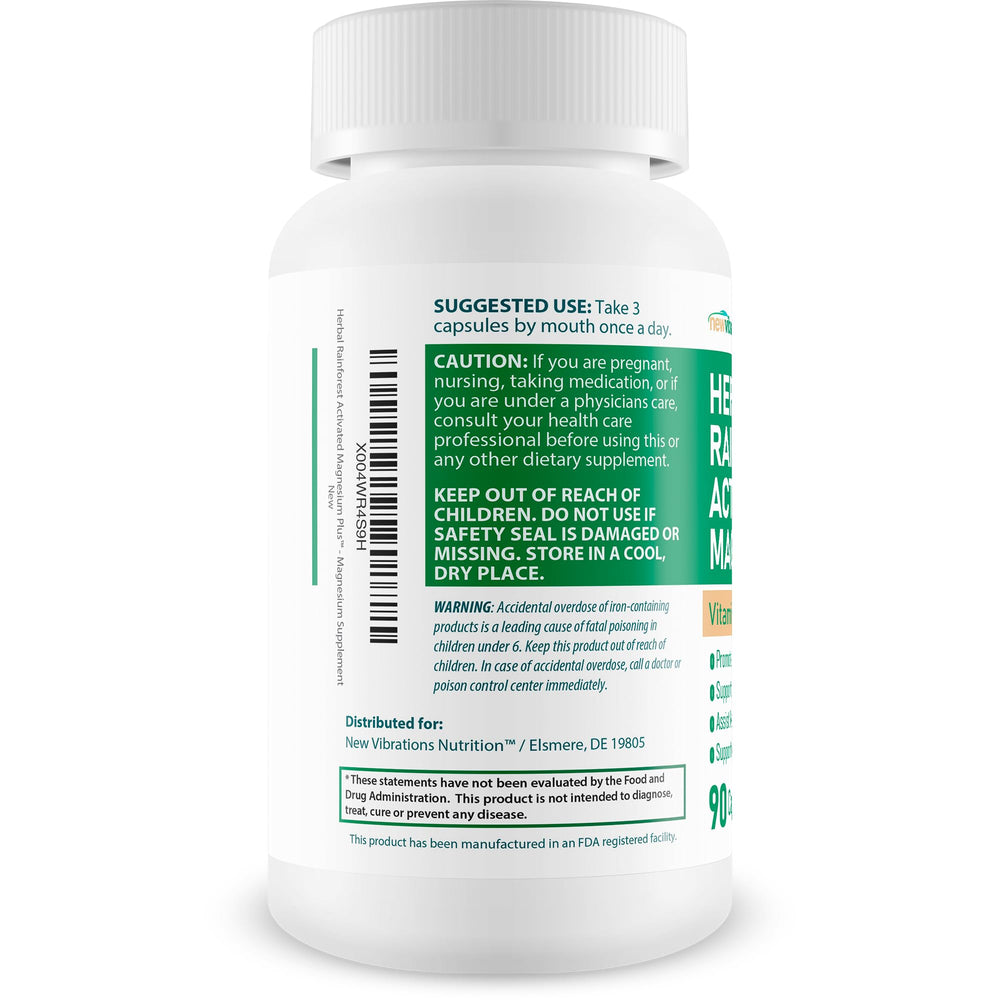 New Vibrations Nutrition Herbal Rainforest Magnesium Plus label highlights vitamin blend.