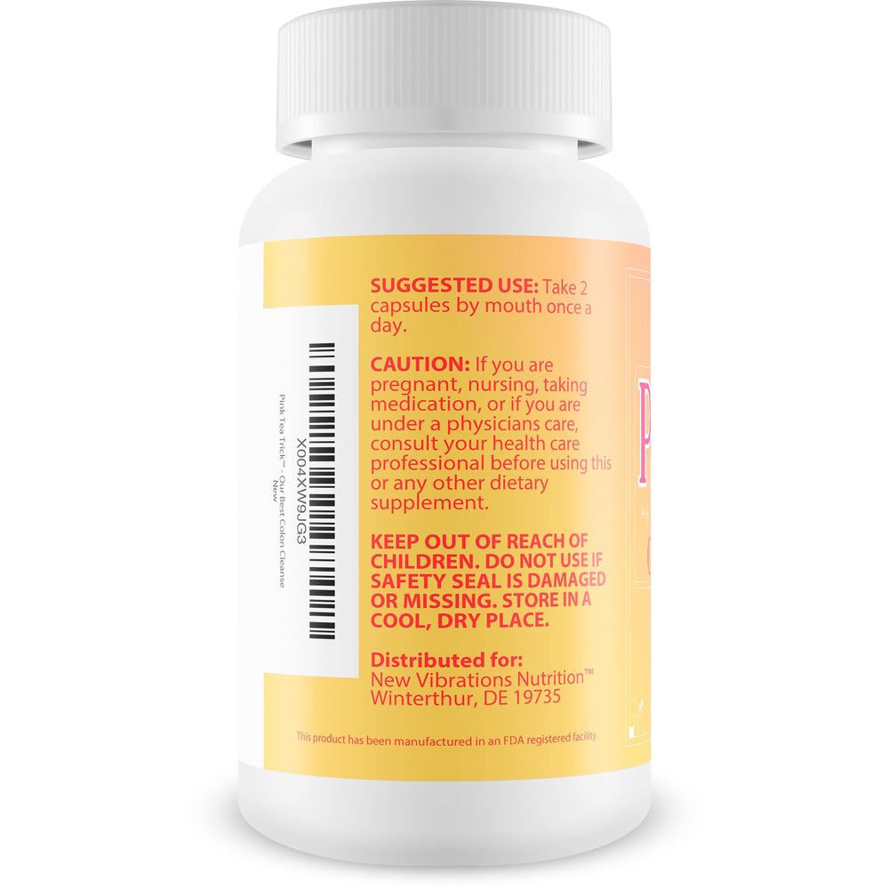 New Vibrations Nutrition Pink Tea Trick label detail with natural ingredients for balance