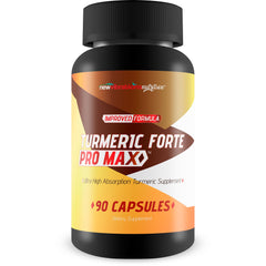 New Vibrations Turmeric Forte Pro Max bottle highlighting the high-absorption formula for daily wellness