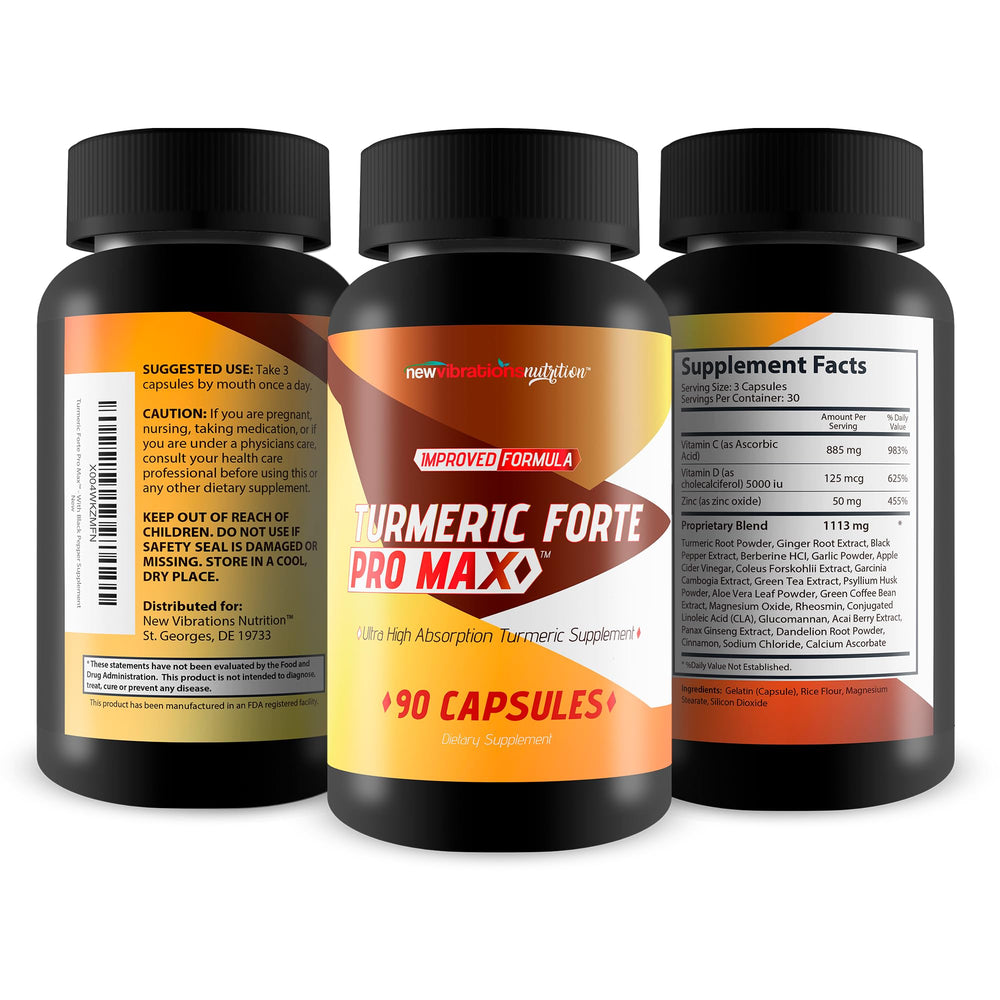 New Vibrations Turmeric Forte Pro Max label focusing on zinc and vitamin C