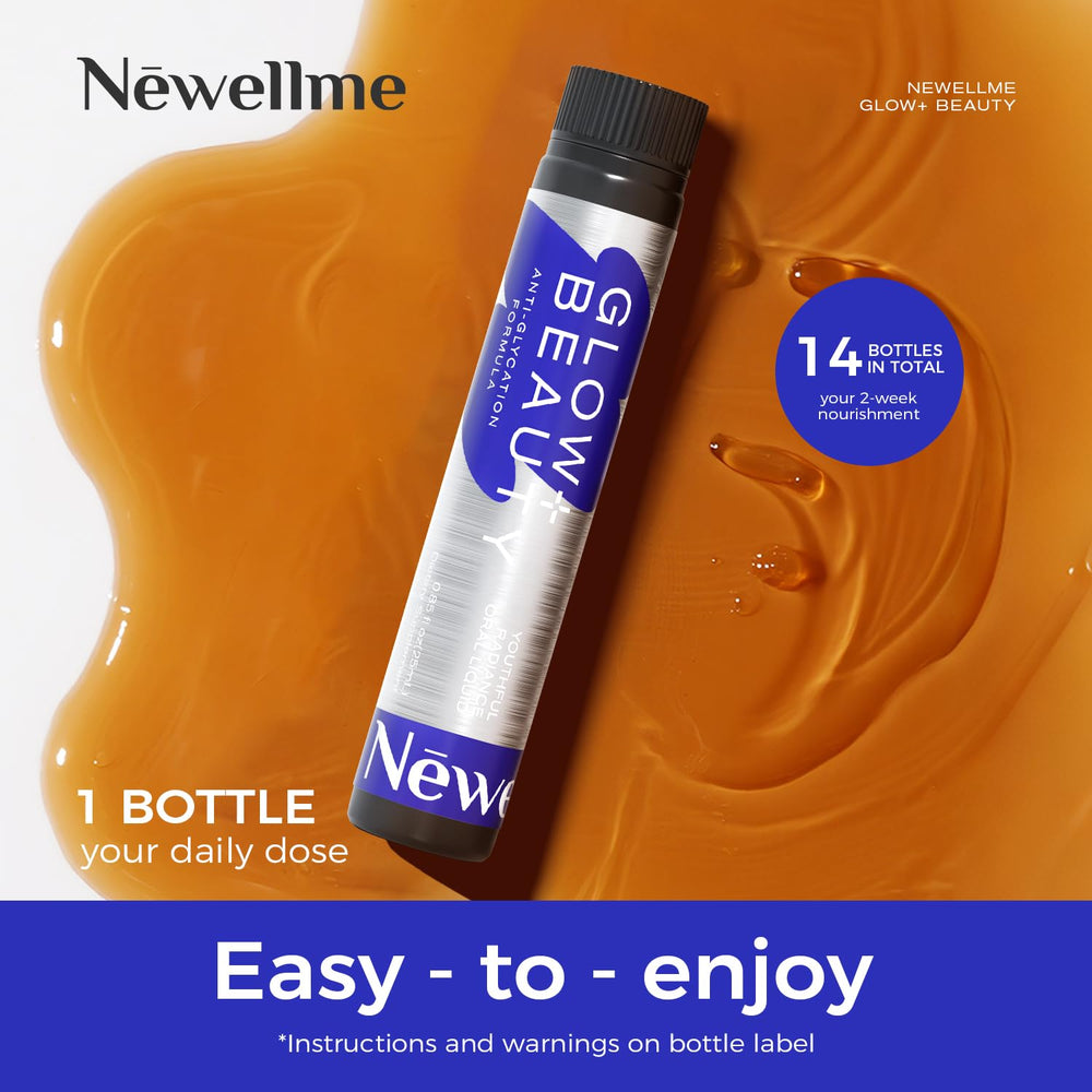 NEWELLME Glow+Beauty Drink bottle on a vanity with hair and nails care theme