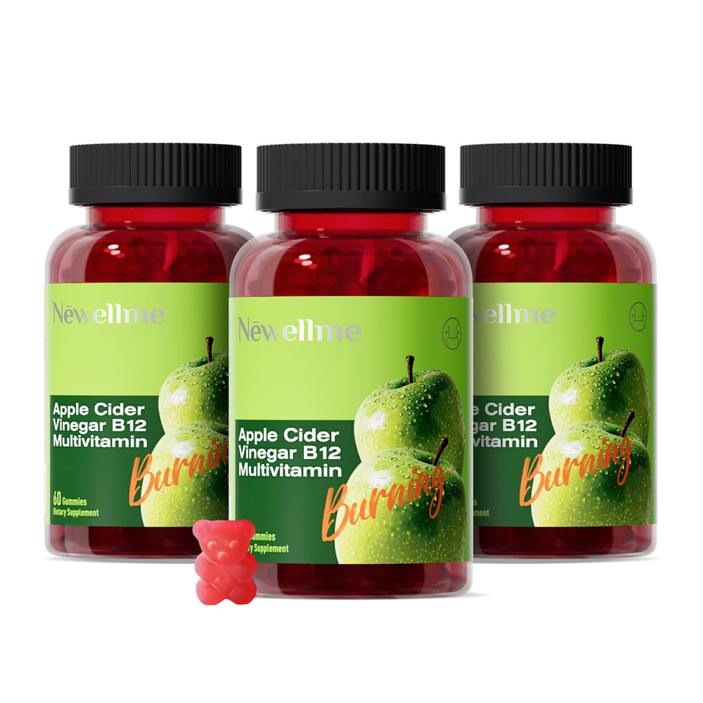 NEWELLME Organic ACV gummies with The Mother and B12 support digestion.