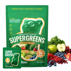 NewellMe Super Greens Gummies bottle front, convenient daily greens for energy and vitality.