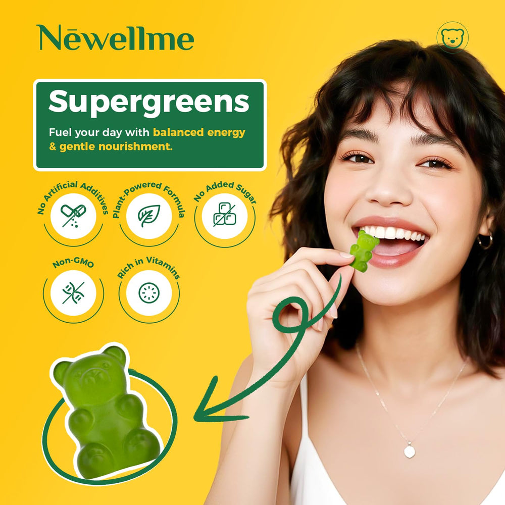 NewellMe Super Greens Gummies vegan, plant-based pectin formula for clean nutrition.