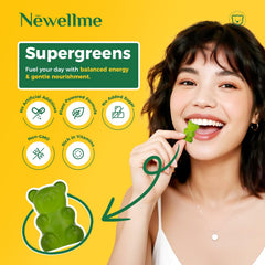 NewellMe Super Greens Gummies vegan, plant-based pectin formula for clean nutrition.