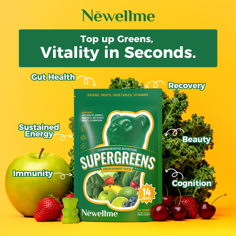 NewellMe Super Greens Gummies vitamin C and zinc support immune-friendly wellness.