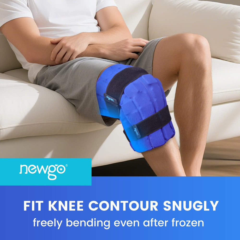 NEWGO knee ice pack with adjustable straps securing hands-free cooling