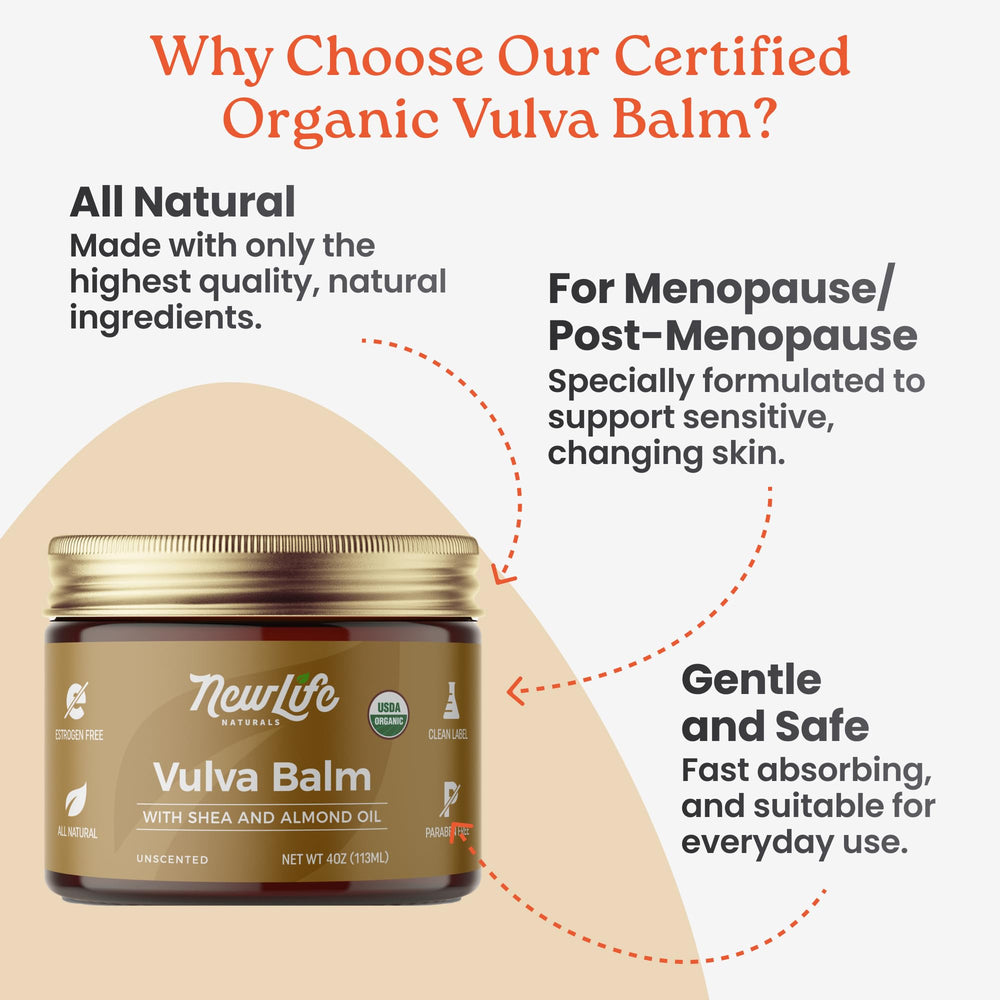 Ingredients panel of NewLife Naturals Vulva Balm Butter highlighting natural oils