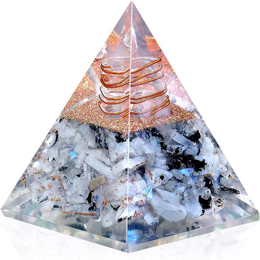 NewMainOne Rainbow Moonstone orgonite pyramid with rainbow-moonstone close-up for balanced energy.