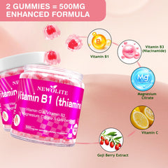 NEWOLITE B1 gummies chewable closeup emphasizes easy-to-chew thiamine supplement.