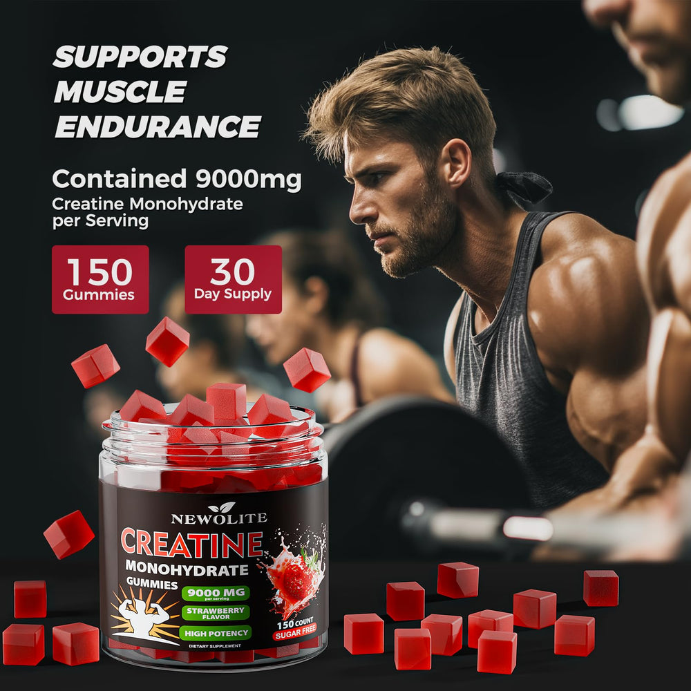 NEWOLITE Creatine Monohydrate Gummies packaging with 150-count bottle on shelf.