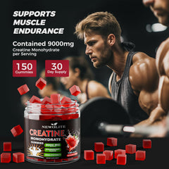 NEWOLITE Creatine Monohydrate Gummies packaging with 150-count bottle on shelf.