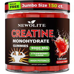 NEWOLITE Creatine Monohydrate Gummies bottle with strawberry flavor for daily supplement use.