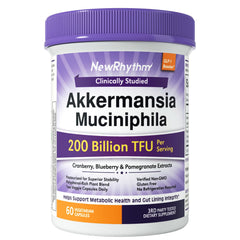 NewRhythm Akkermansia Muciniphila 200B TFU bottle for gut lining and metabolic balance.