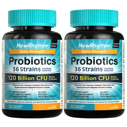 NewRhythm Probiotics bottle displays 120 Billion CFU for digestive support.