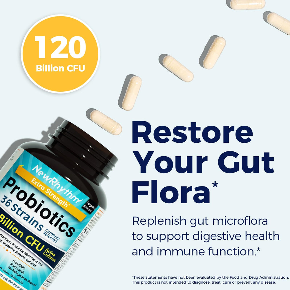 NewRhythm Probiotics label highlights 36 strains for gut balance.