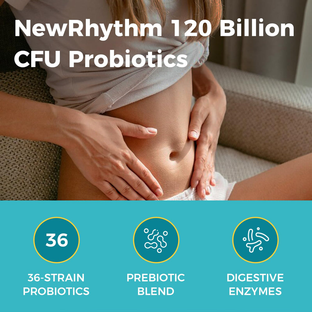 NewRhythm Probiotics 3-in-1 formula label emphasizes prebiotics.