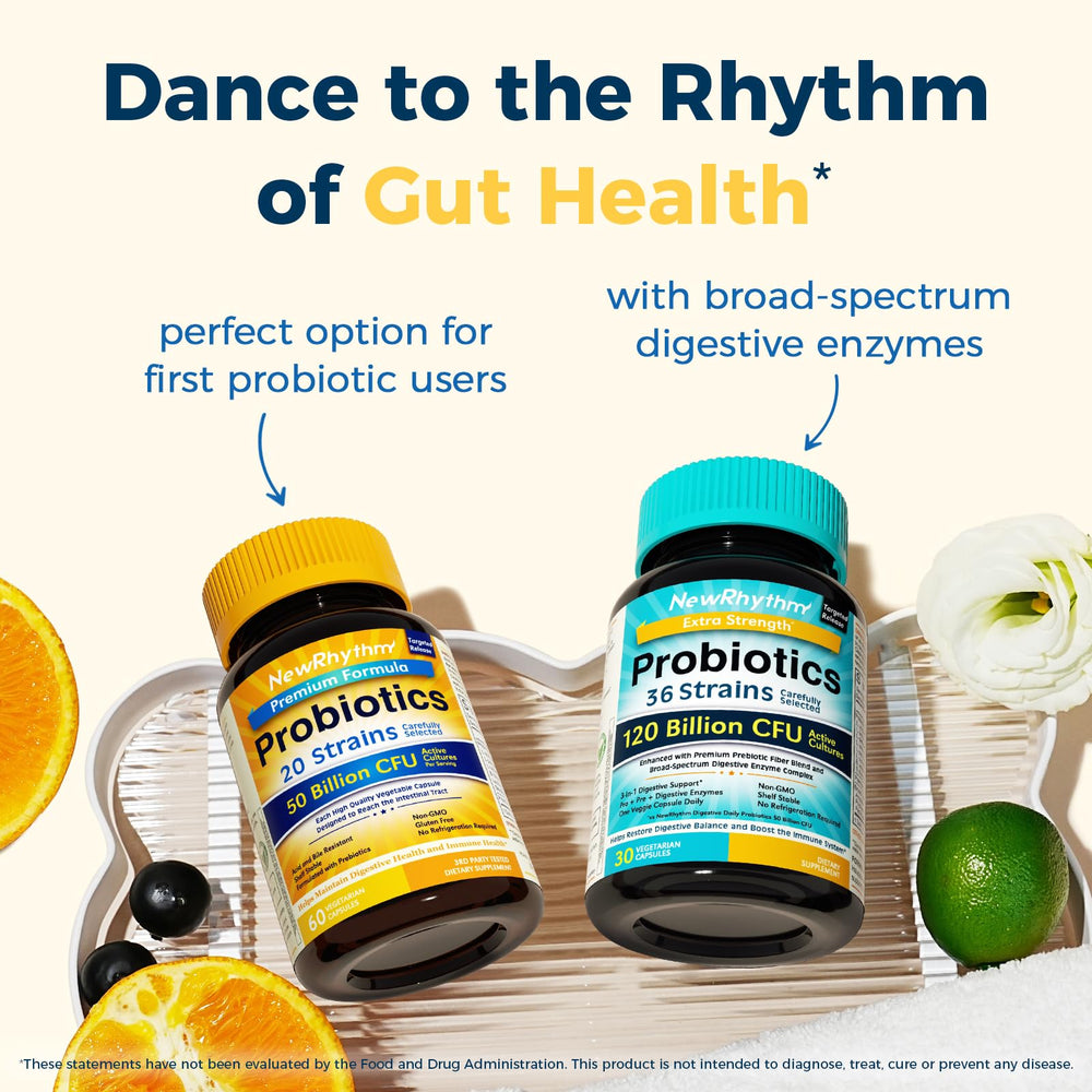 NewRhythm Probiotics shelf-stable label indicating no refrigeration required