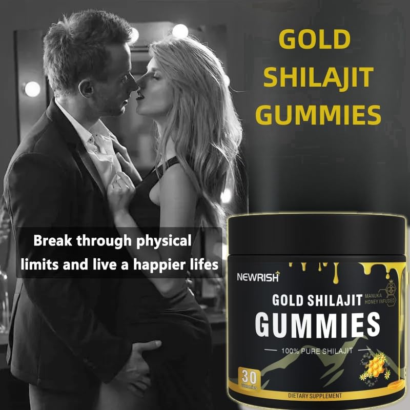 Newrish Shilajit Gummies label shows organic badge and clean ingredients