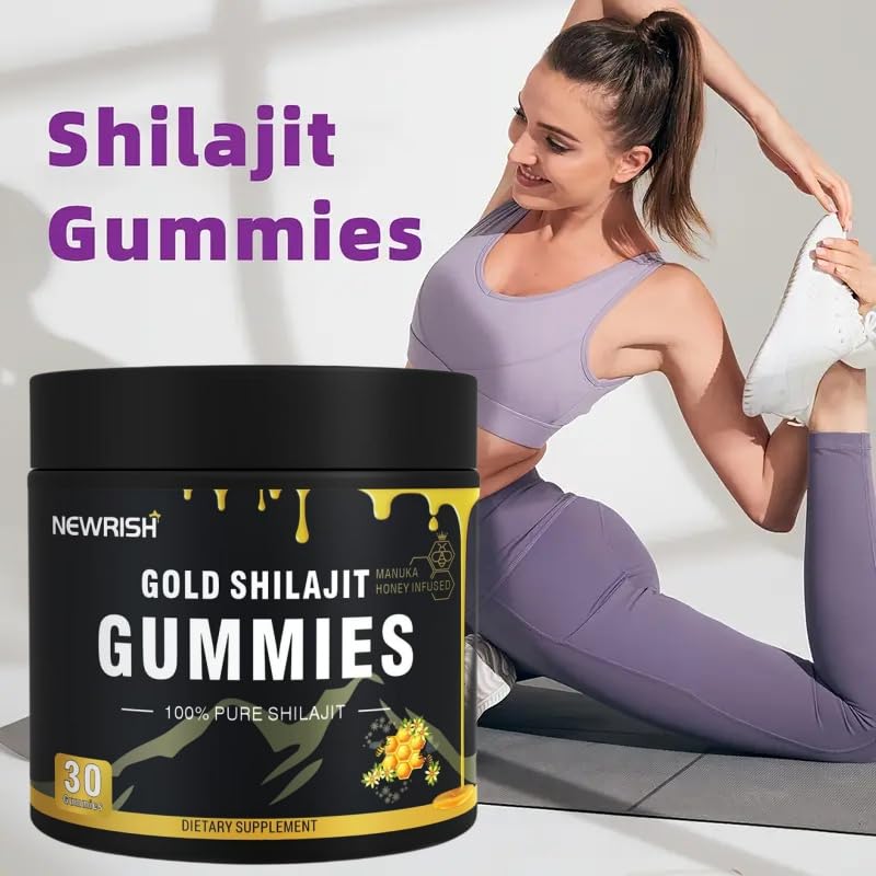 Newrish Shilajit Gummies with Manuka honey drizzle close-up