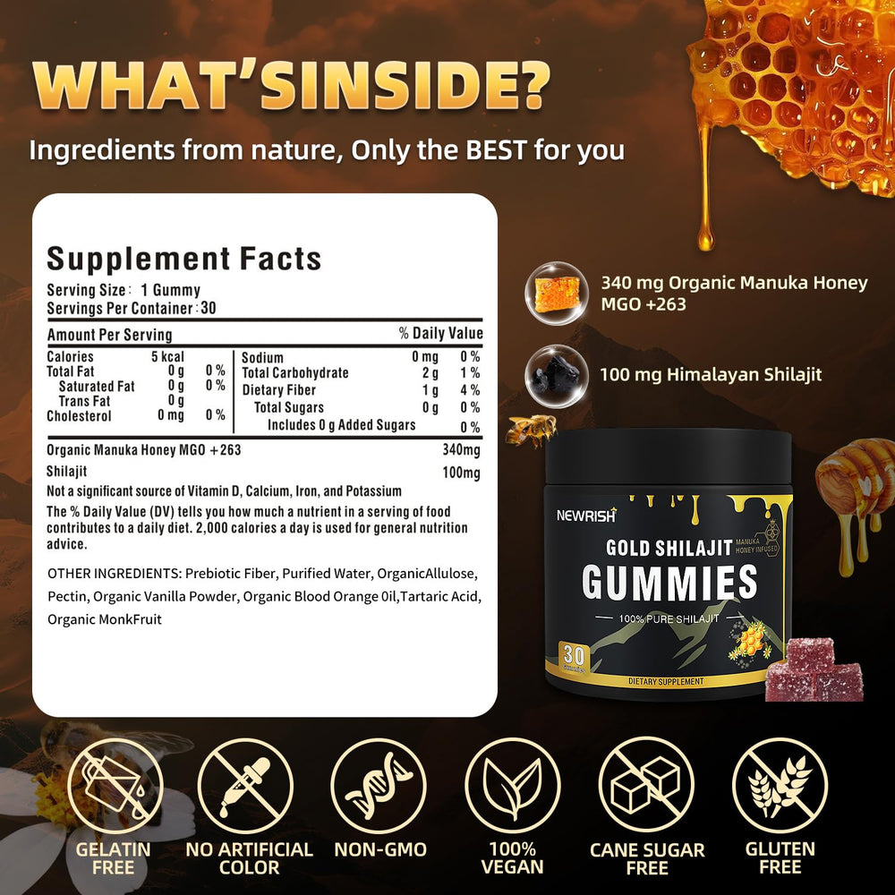 Newrish Shilajit Gummies texture close-up highlighting rich resin vibe