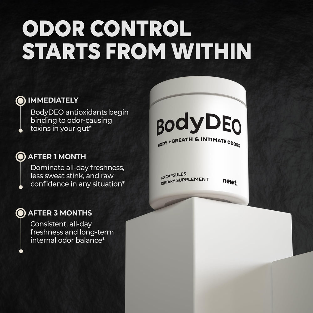 Newt BodyDEO capsules close-up highlighting chlorophyll and odor-control ingredients.