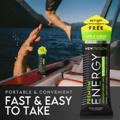 NewTrition energy shot on desk with gym gear for pre-workout energy.