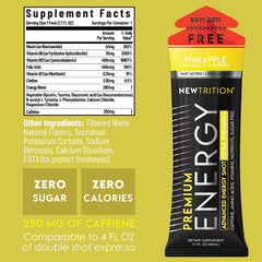 NewTrition Extra Strength Energy Shot label highlights zero sugar and calories.