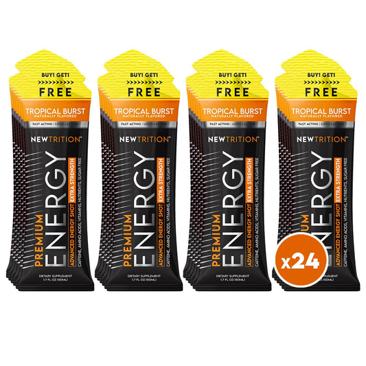NewTrition Extra Strength Energy Shot Tropical Burst bottle boosts focus and stamina on the go.