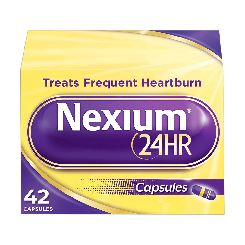 Nexium 24HR capsules in a bottle, daily heartburn protection.