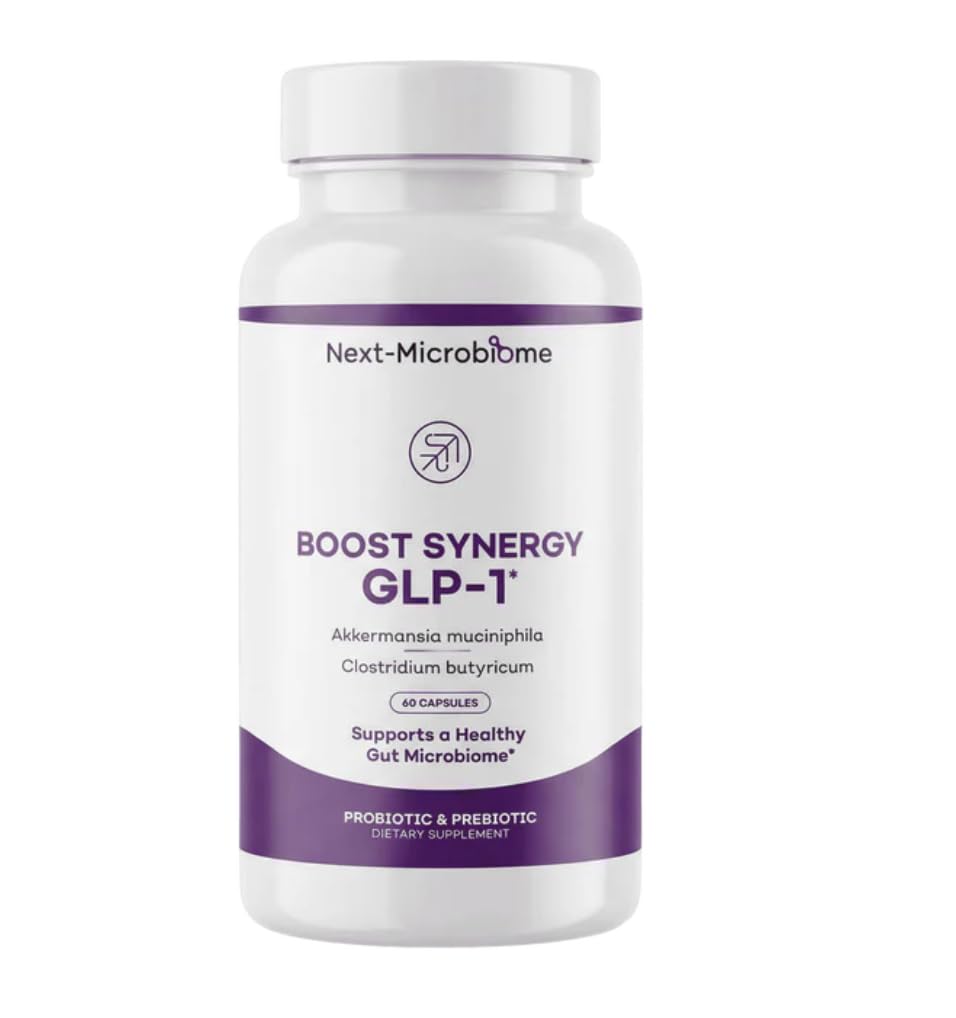 NEXT-MICROBIOME Boost Synergy Akkermansia bottle highlights gut support and metabolic balance.