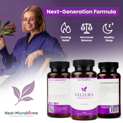 Vellura bottle with glass highlights daily routines for menopause comfort.