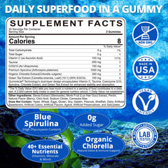 Nextdia Blue Spirulina Gummies juicy blueberry center highlighting antioxidant-rich formula.